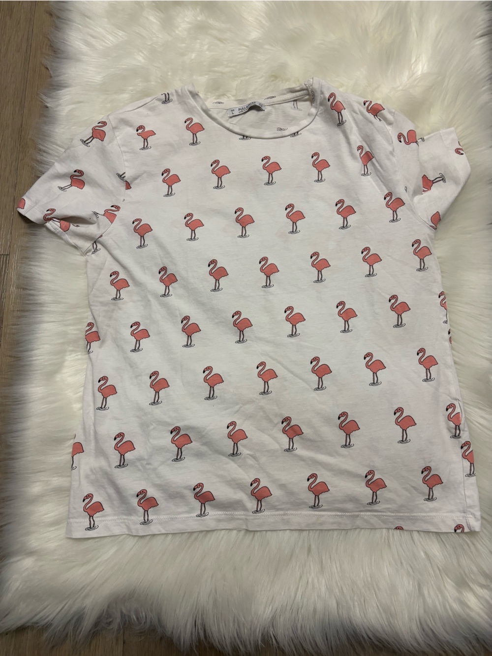 Pull&Bear White Tee with Tiny Black‎ & Pink Flamingo Motifs